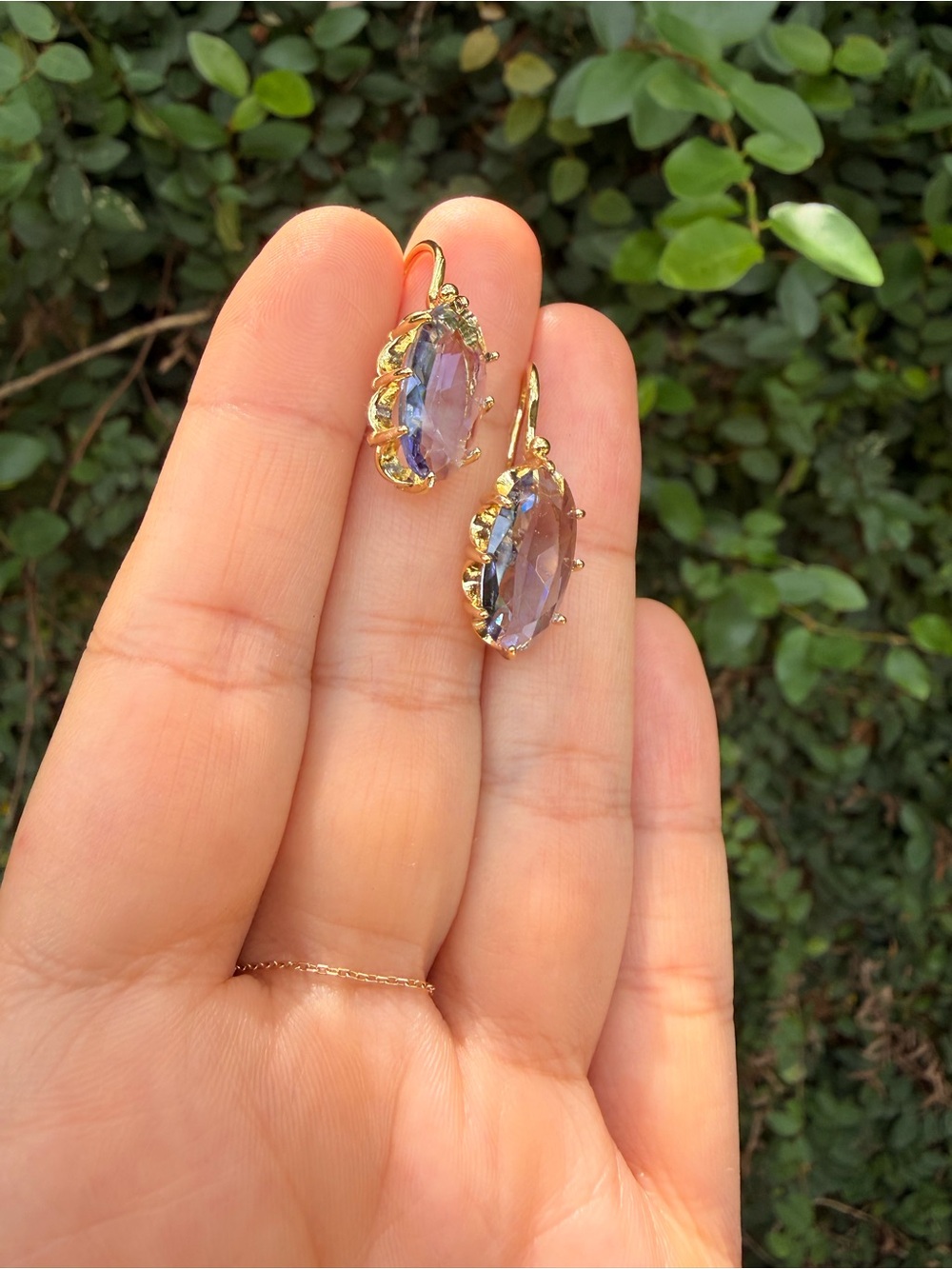Gold Plated Earrings with Iridescent Lavender Crystal Drops - Picture 6 of 7